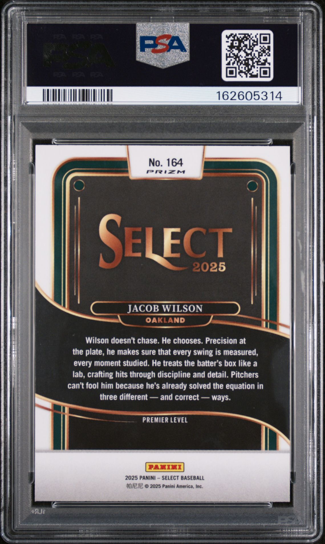 2025 Panini Select Jacob Wilson #164 (Zebra Prizm) Gem Mt 10 back view - PSA certificate #162605314
