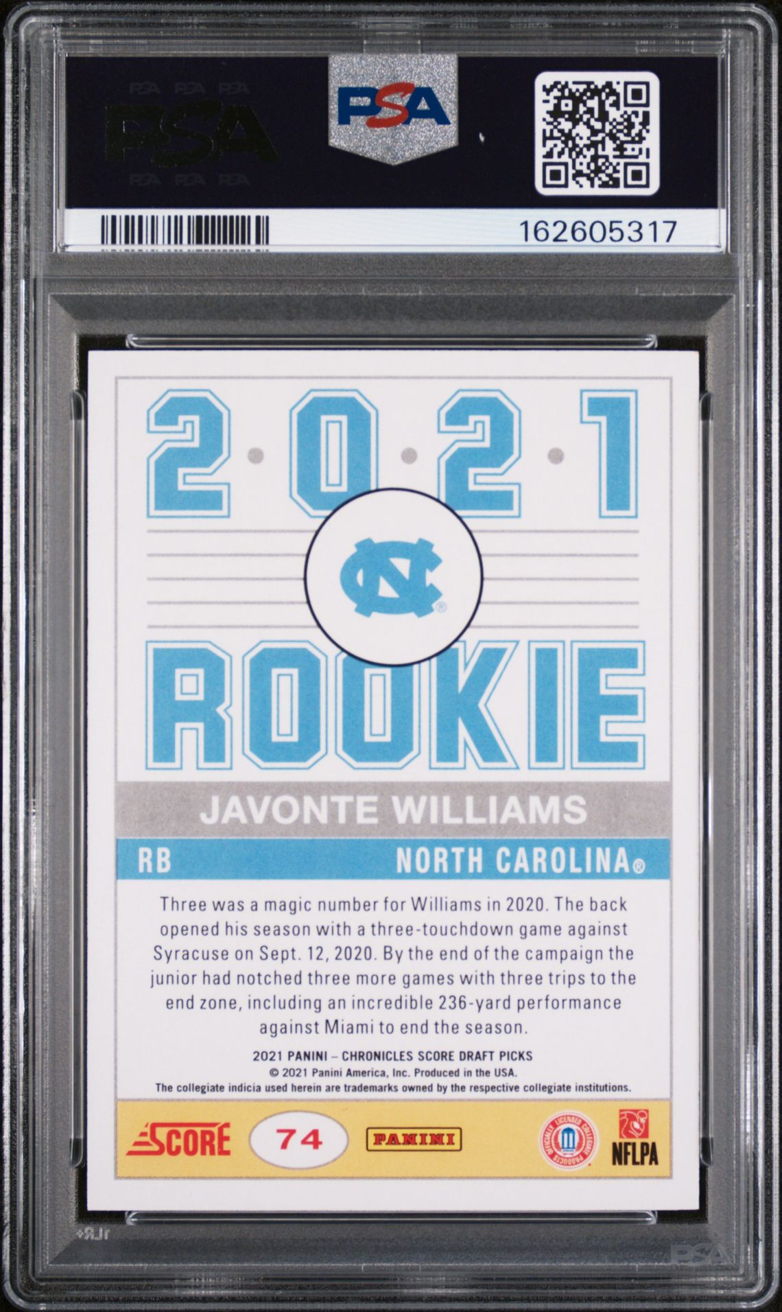 2021 Panini Chronicles Draft Picks Javonte Williams #74 (Purple) Nm-Mt 8 back