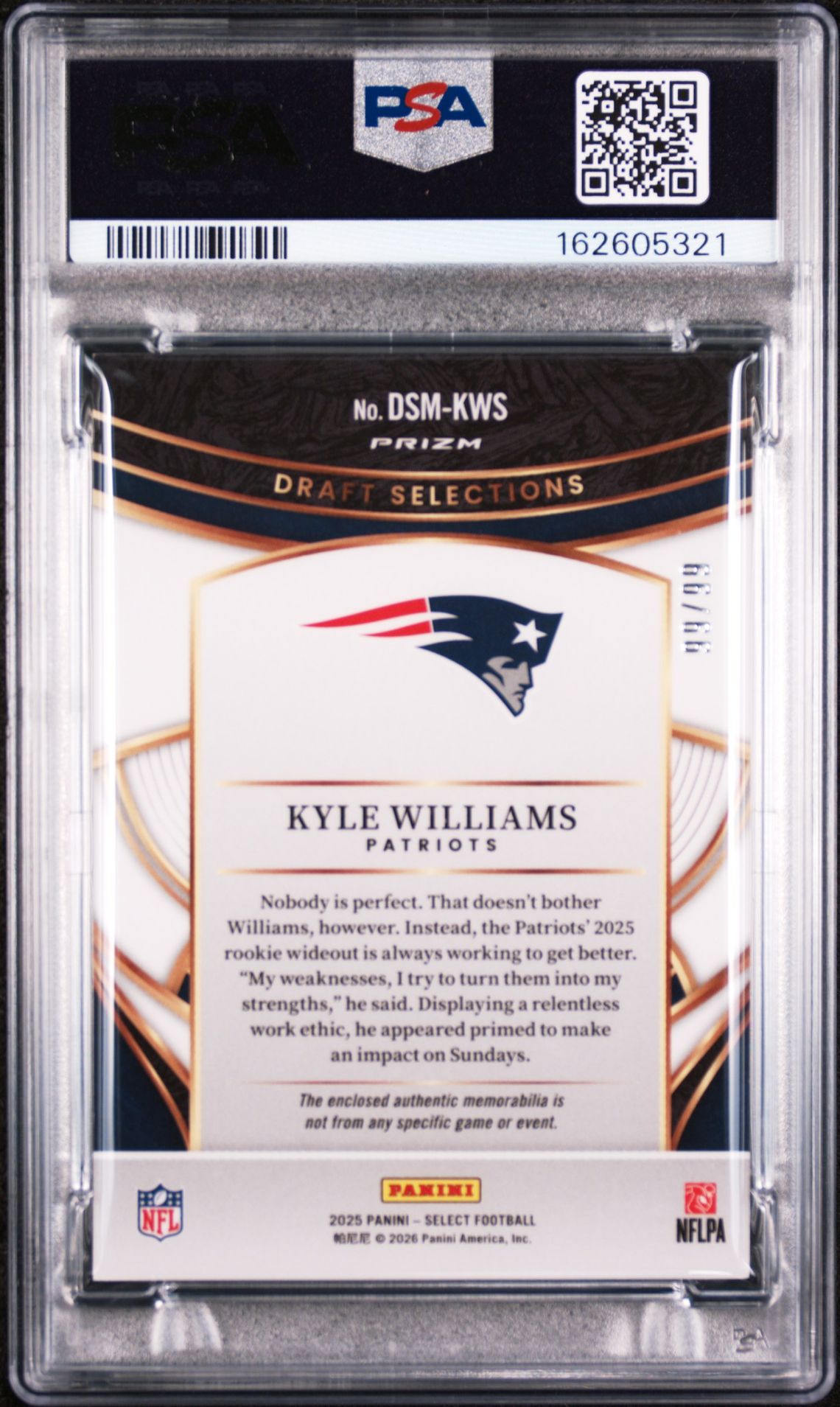 2025 Panini Select Draft Selections Memorabilia Kyle Williams #Dsm-Kws (Drft Selections Mem-Wht Pr) Nm-Mt 8 back
