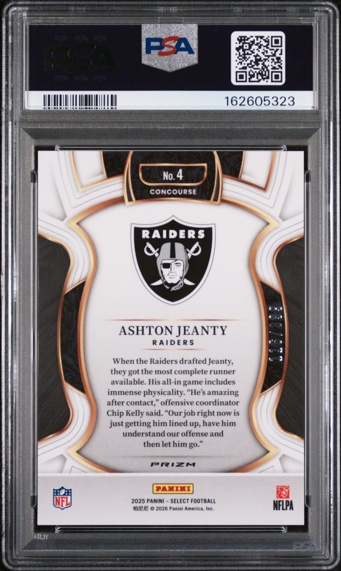 2025 Panini Select Ashton Jeanty #4 (Tri-Color Prizm) Mint 9 back