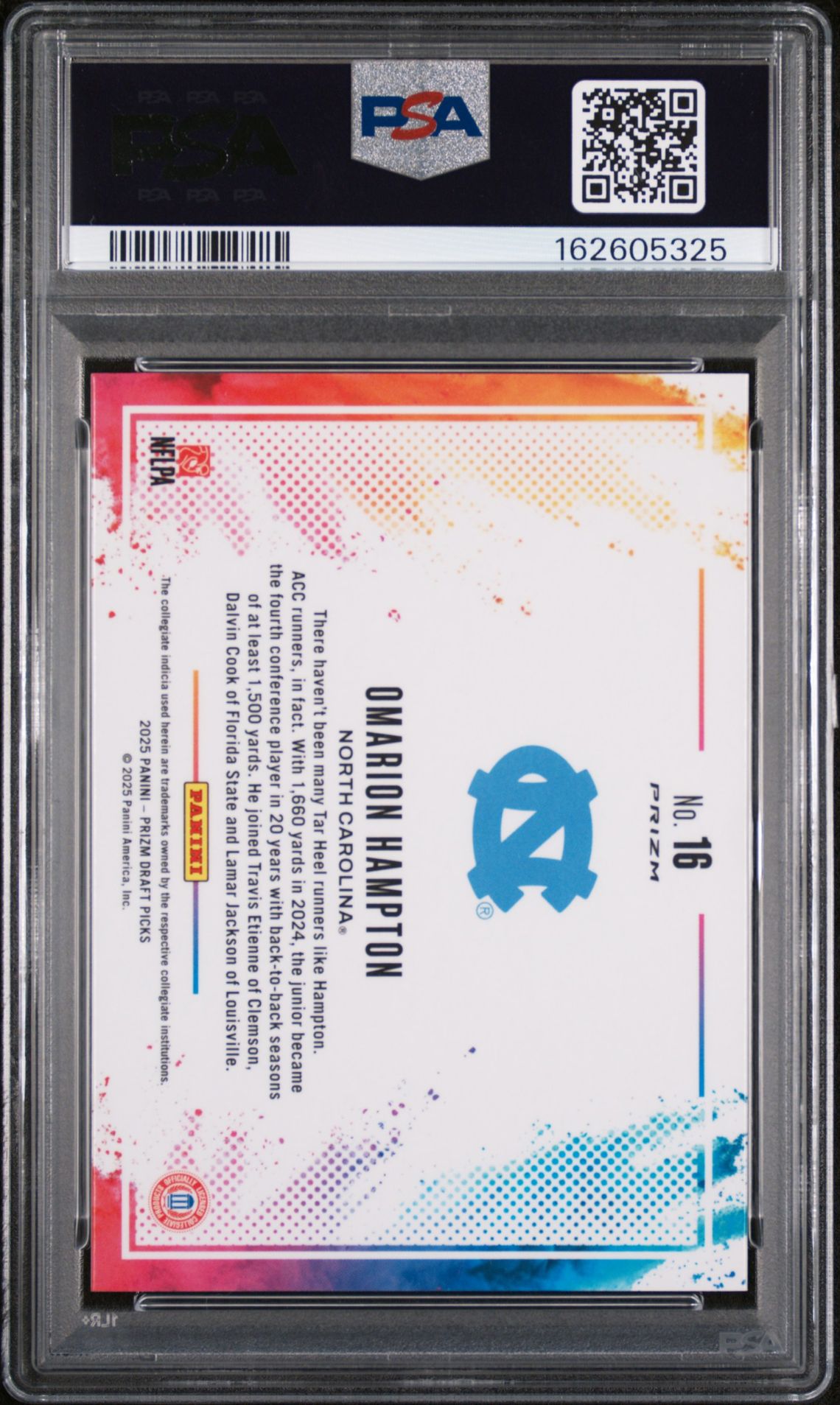 2025 Panini Prizm Draft Picks Black Color Blast Omarion Hampton #16 Gem Mt 10 back view - PSA certificate #162605325