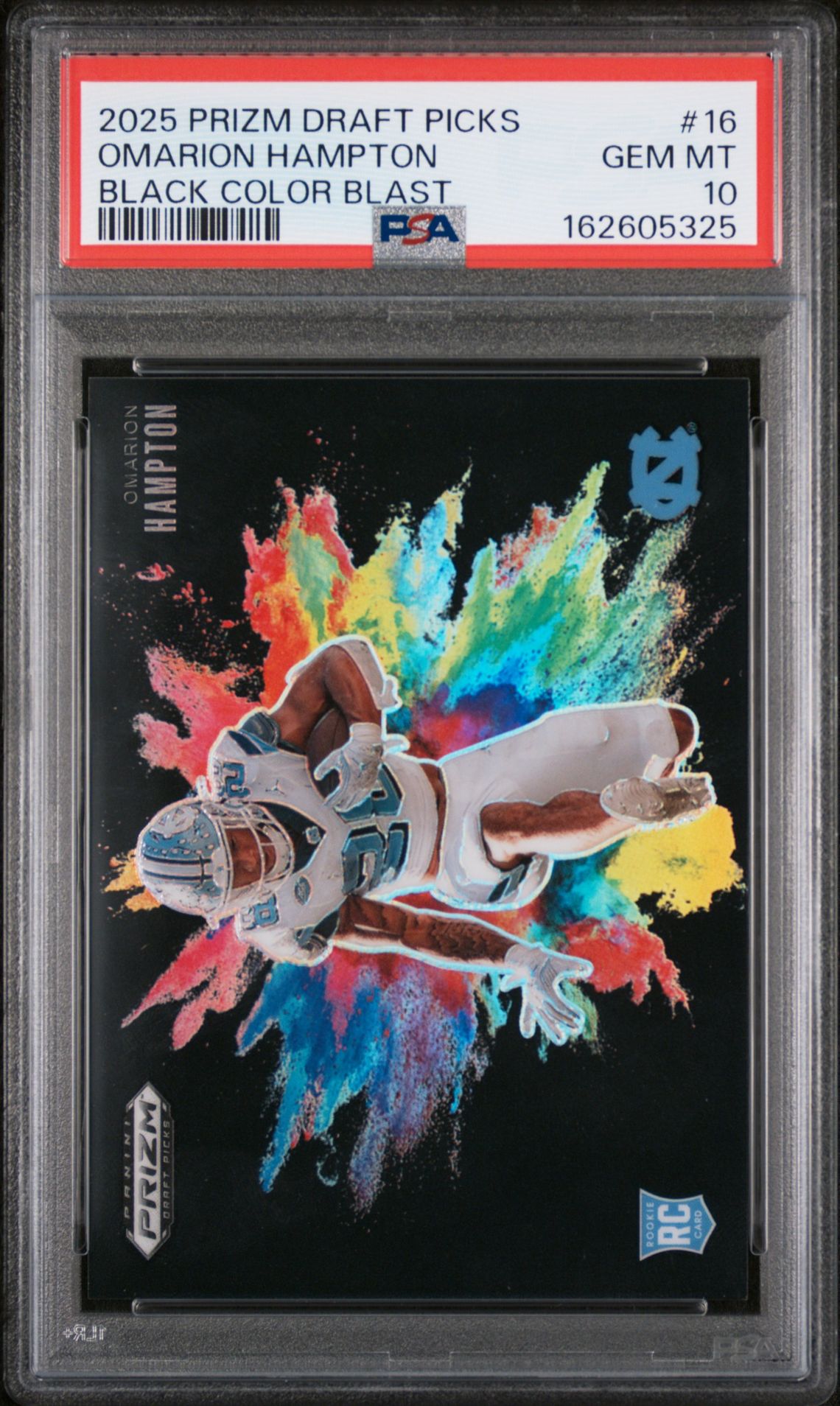 2025 Panini Prizm Draft Picks Black Color Blast Omarion Hampton #16 Gem Mt 10 front view - PSA graded GEM MT 10