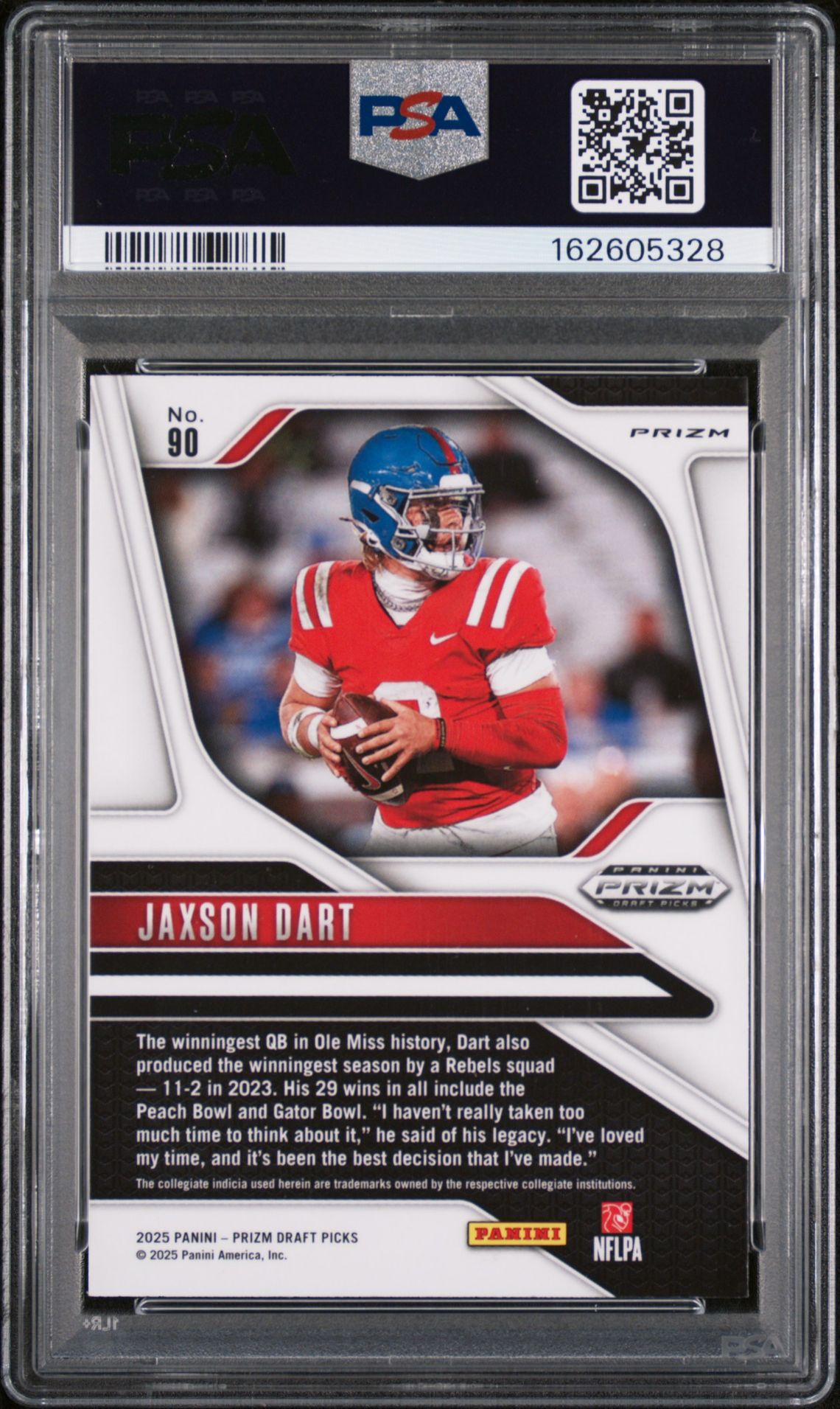 2025 Panini Prizm Draft Picks Jaxson Dart #90 (Purple Wave) Gem Mt 10 back view - PSA certificate #162605328