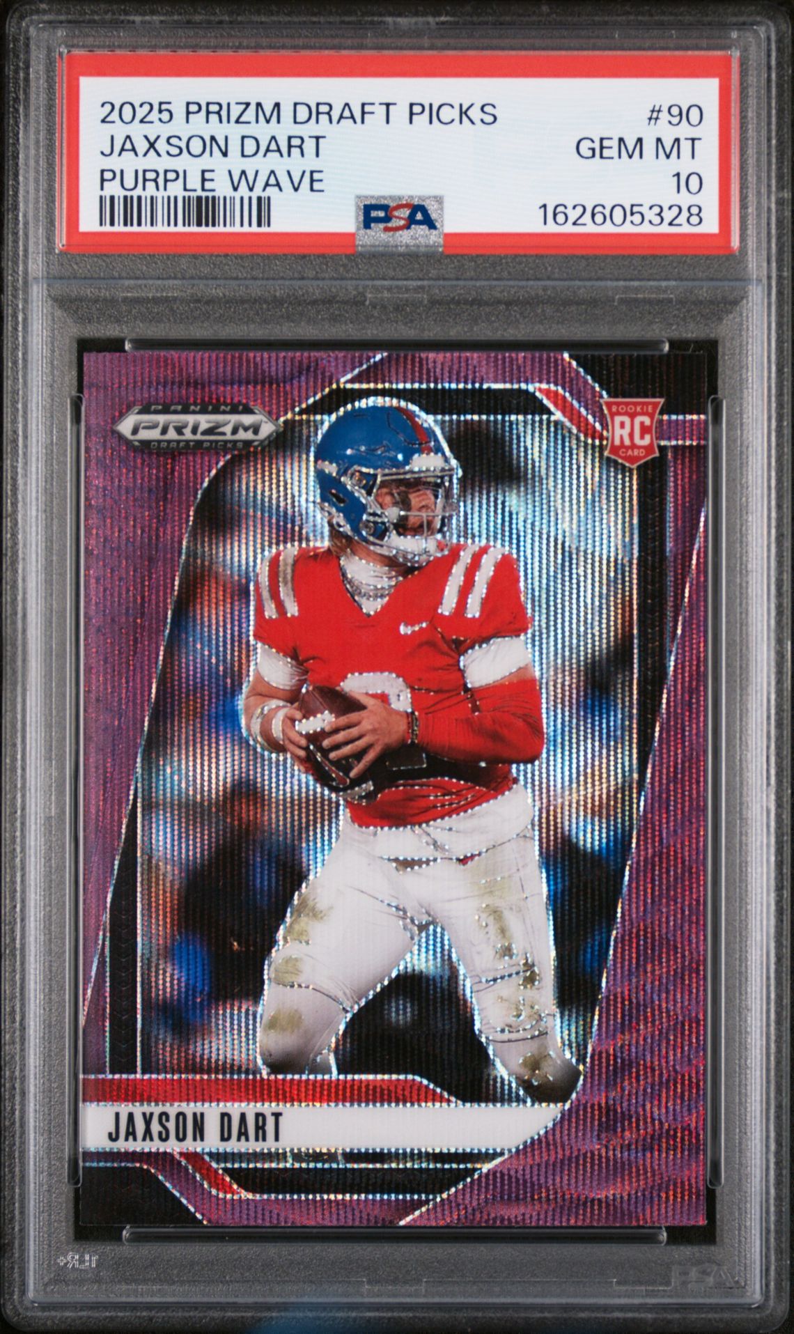 2025 Panini Prizm Draft Picks Jaxson Dart #90 (Purple Wave) Gem Mt 10 front view - PSA graded GEM MT 10