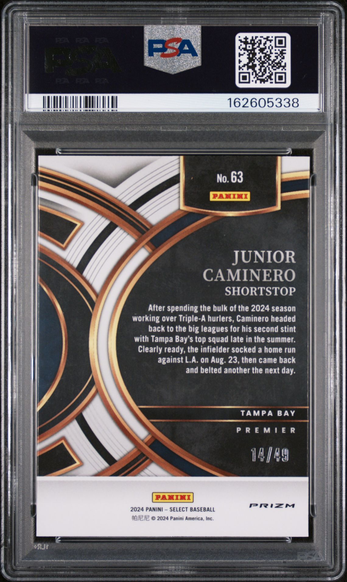 2024 Panini Select Premier Level Junior Caminero #63 (Premier Level-Orange Prizm) Gem Mt 10 back view - PSA certificate #162605338