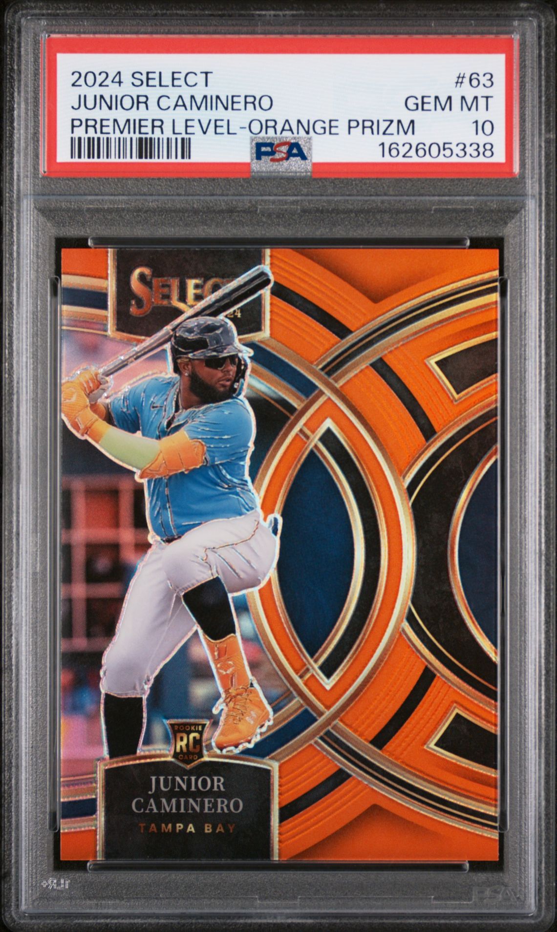 2024 Panini Select Premier Level Junior Caminero #63 (Premier Level-Orange Prizm) Gem Mt 10 front view - PSA graded GEM MT 10