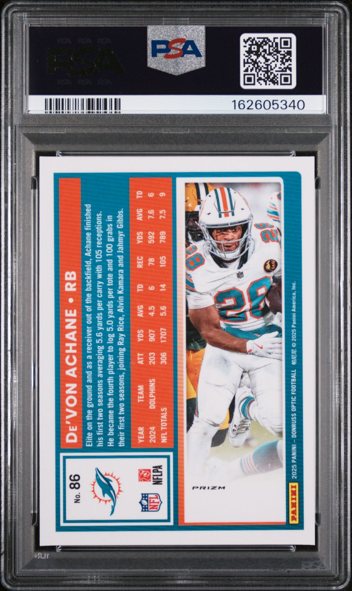 2025 Panini Donruss Optic De'von Achane #86 (One Hundred) Nm-Mt 8 back
