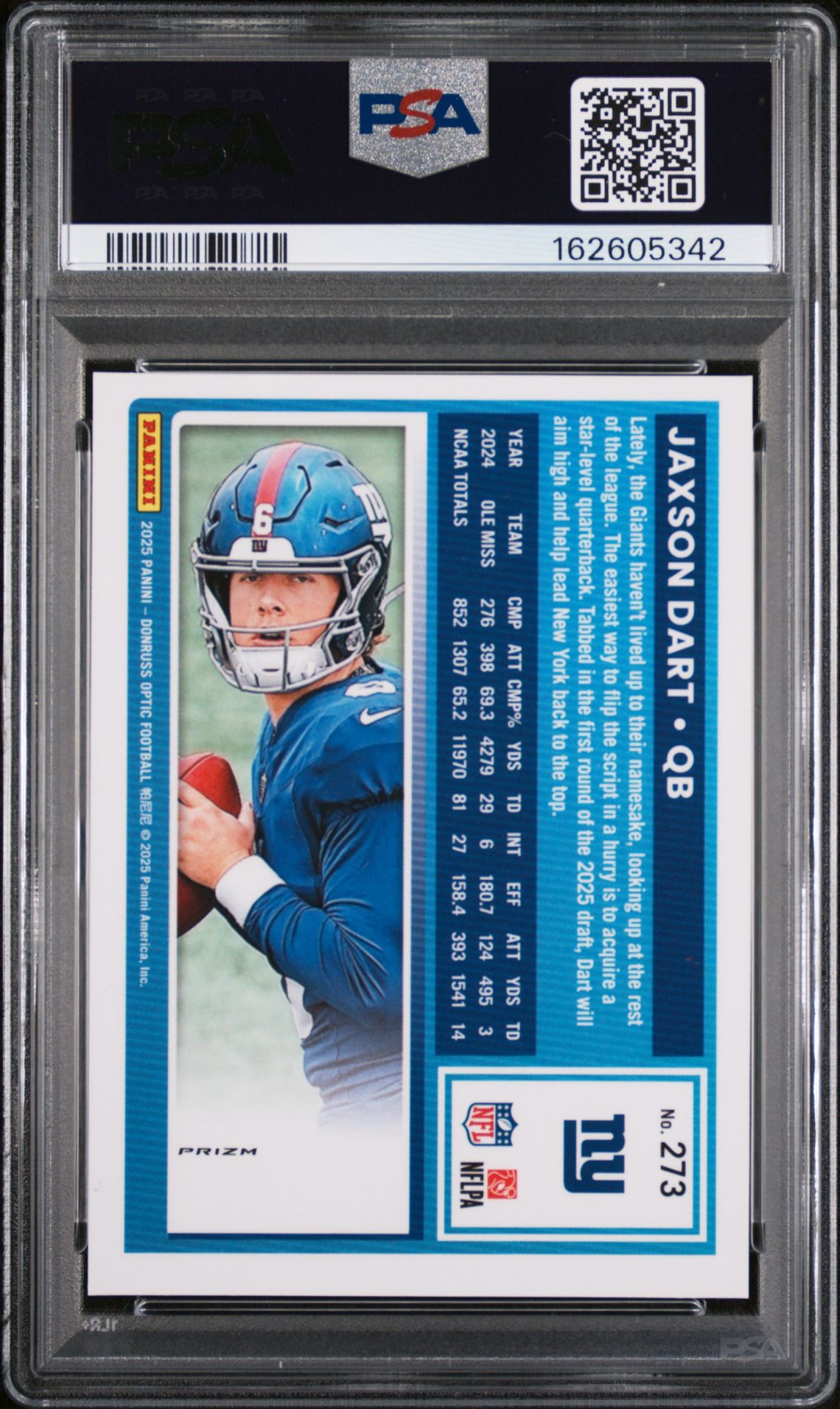 2025 Panini Donruss Optic Jaxson Dart #273 (Holo) Gem Mt 10 back view - PSA certificate #162605342