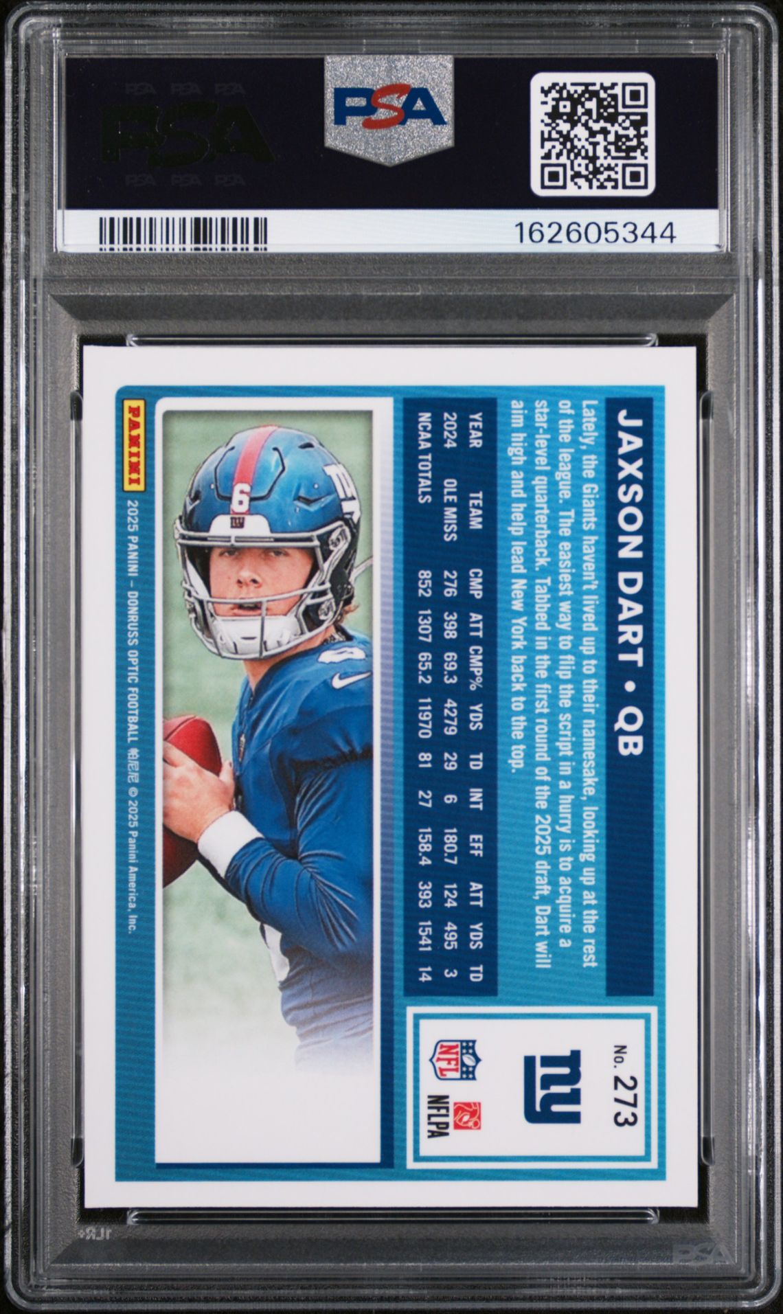2025 Panini Donruss Optic Jaxson Dart #273 Gem Mt 10 back view - PSA certificate #162605344