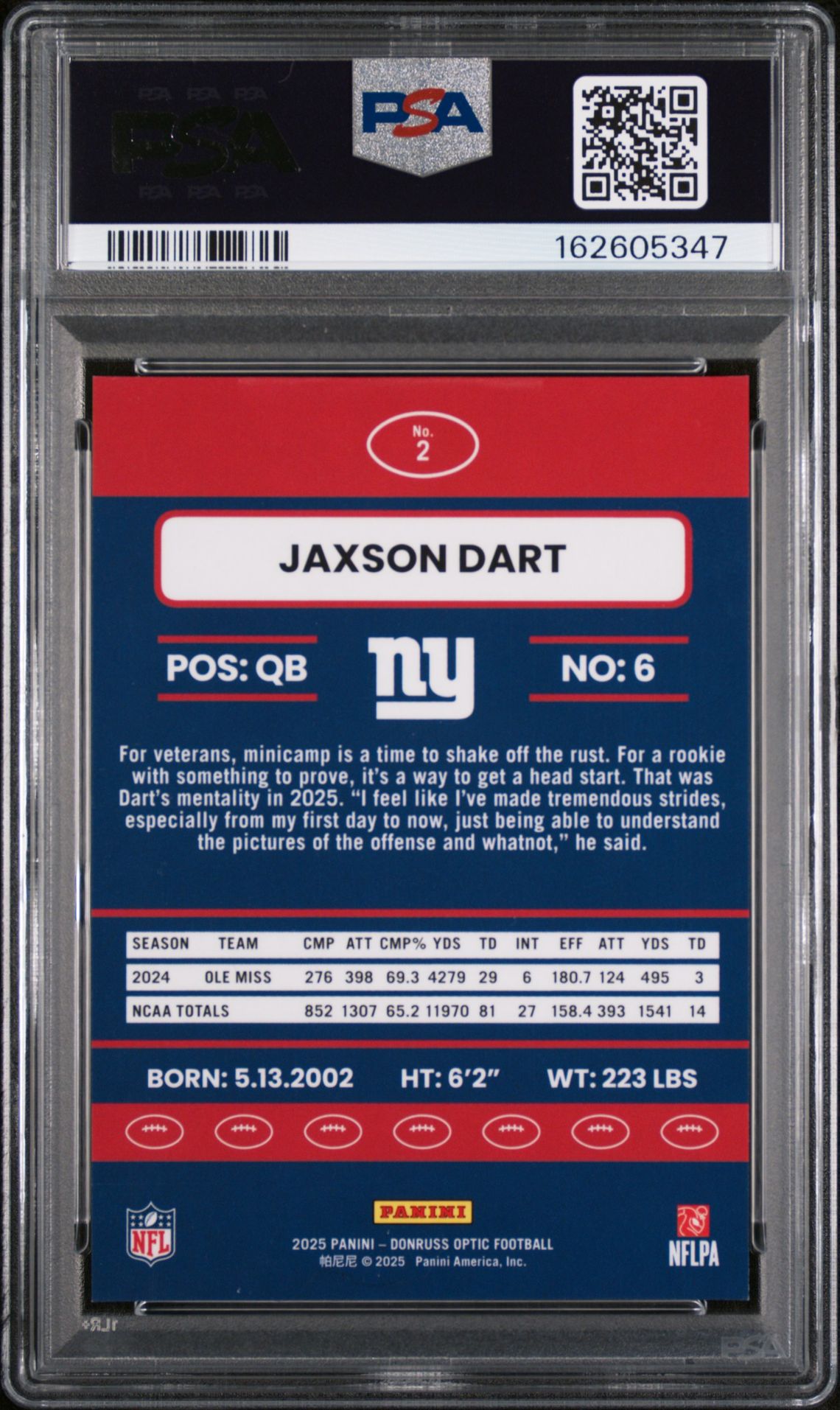 2025 Panini Donruss Optic 2015 Retro Jaxson Dart #2 Mint 9 back
