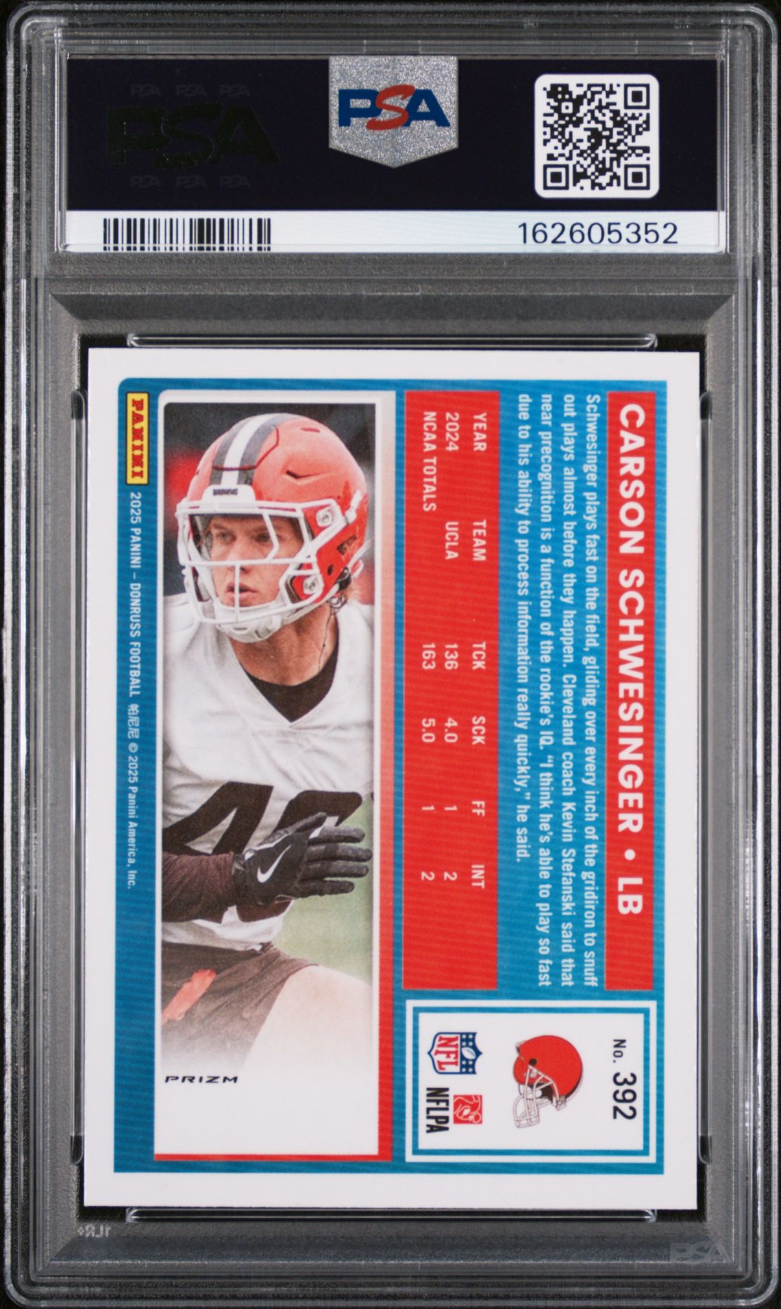2025 Panini Donruss Carson Schwesinger #392 (Optic Preview-Red Pandora) Mint 9 back