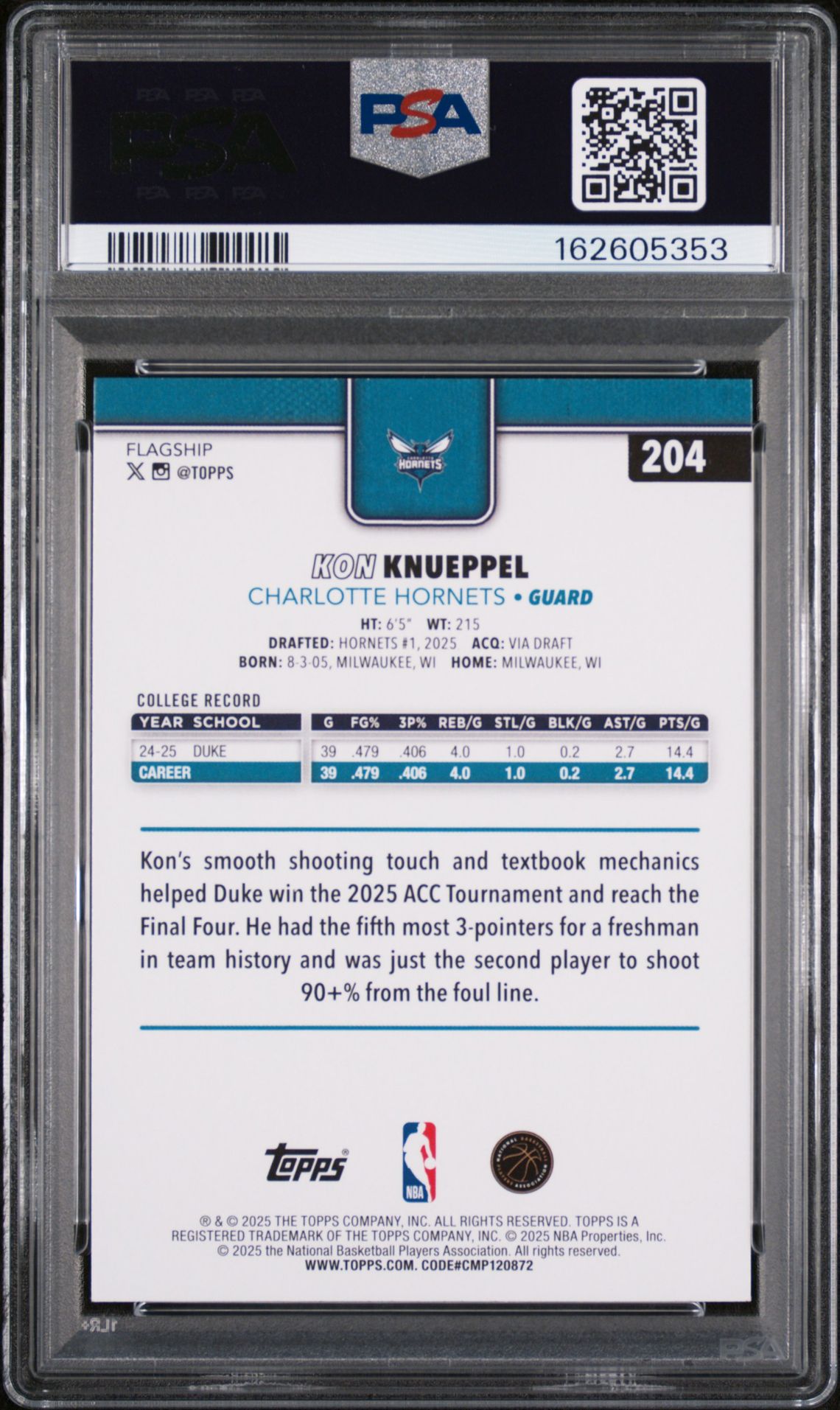 2025 Topps Kon Knueppel #204 Gem Mt 10 back view - PSA certificate #162605353