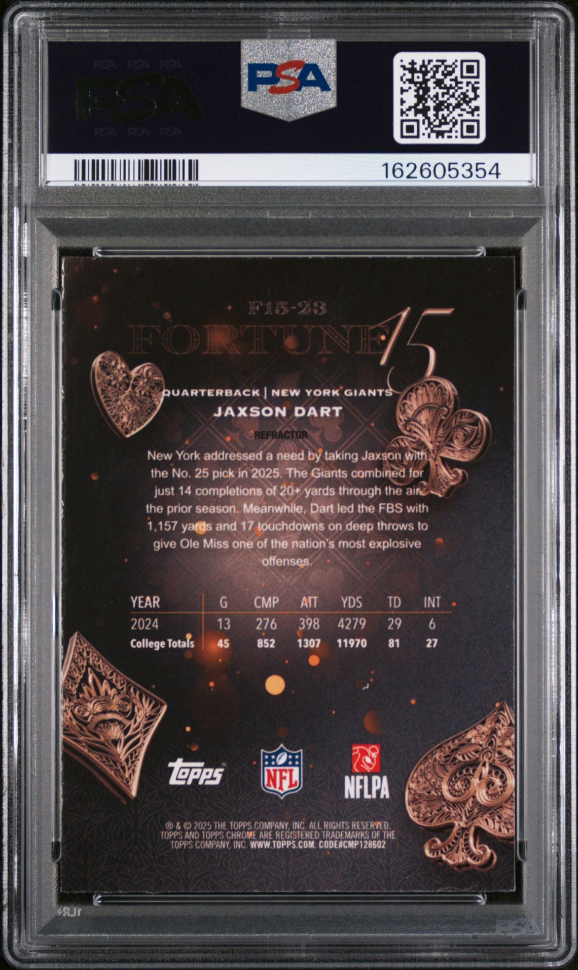 2025 Topps Chrome Fortune 15 Jaxson Dart #23 (Fortune 15-Refractor) Mint 9 back
