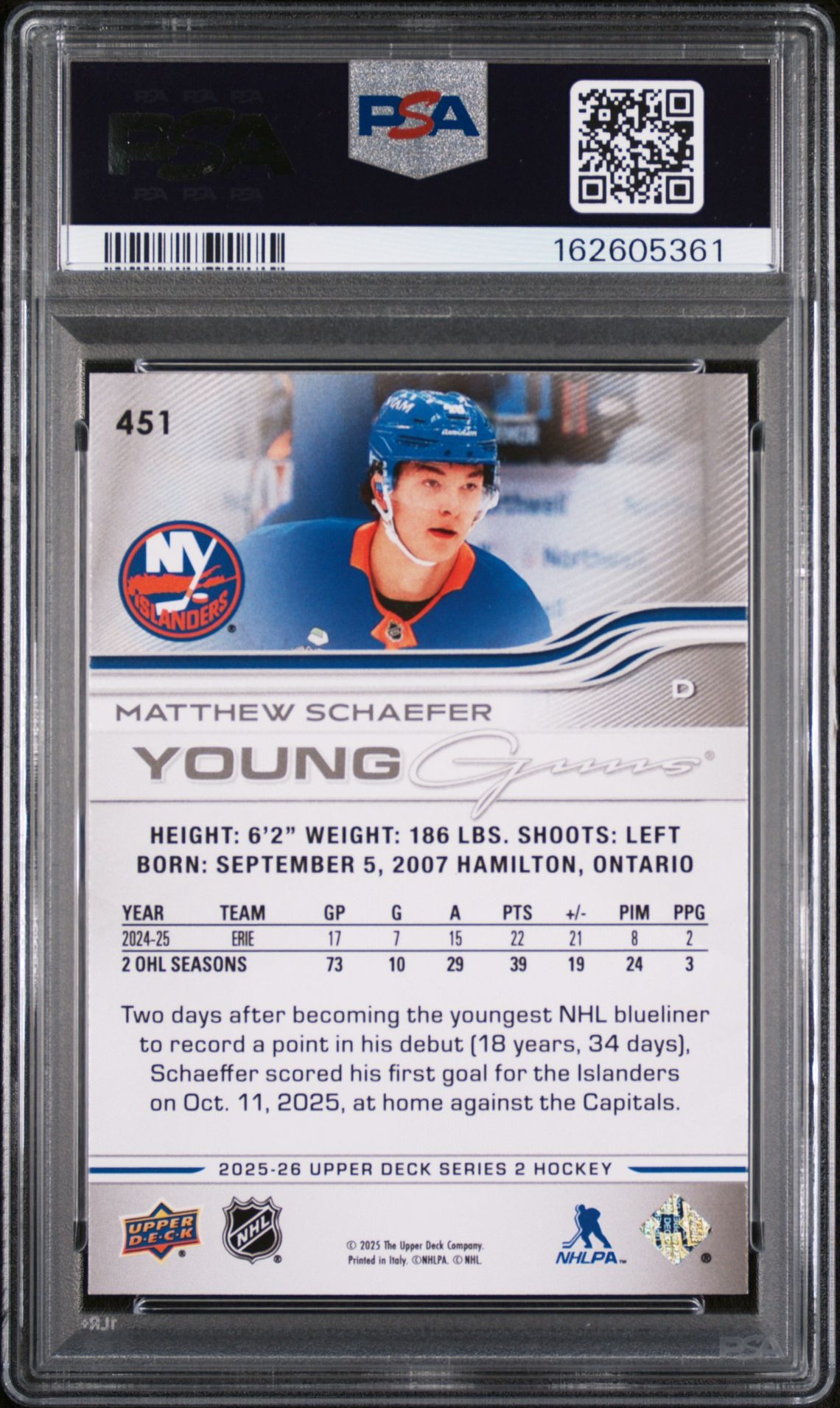 2025 Upper Deck Matthew Schaefer #451 Mint 9 back