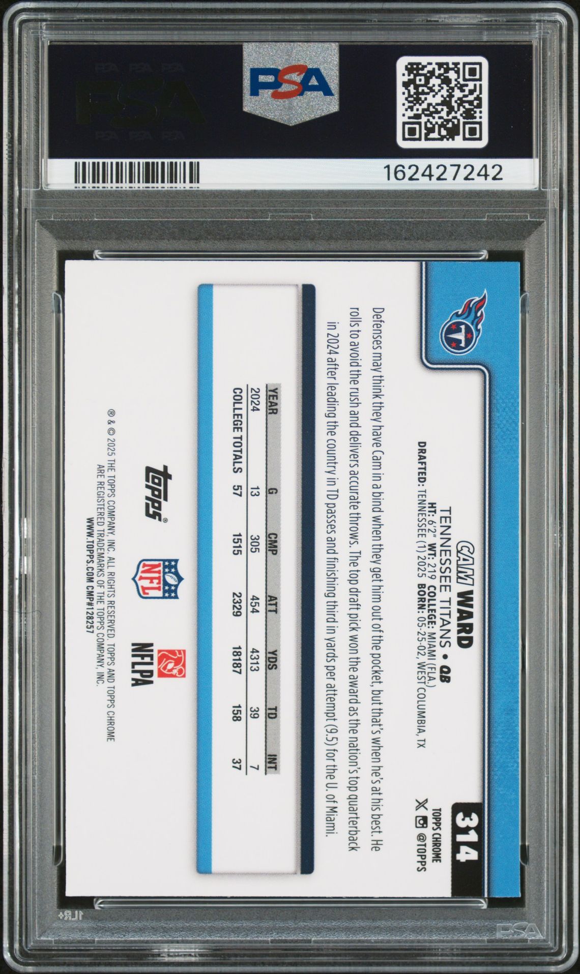2025 Topps Chrome Cam Ward #314 (Green Football Leather) Mint 9 back