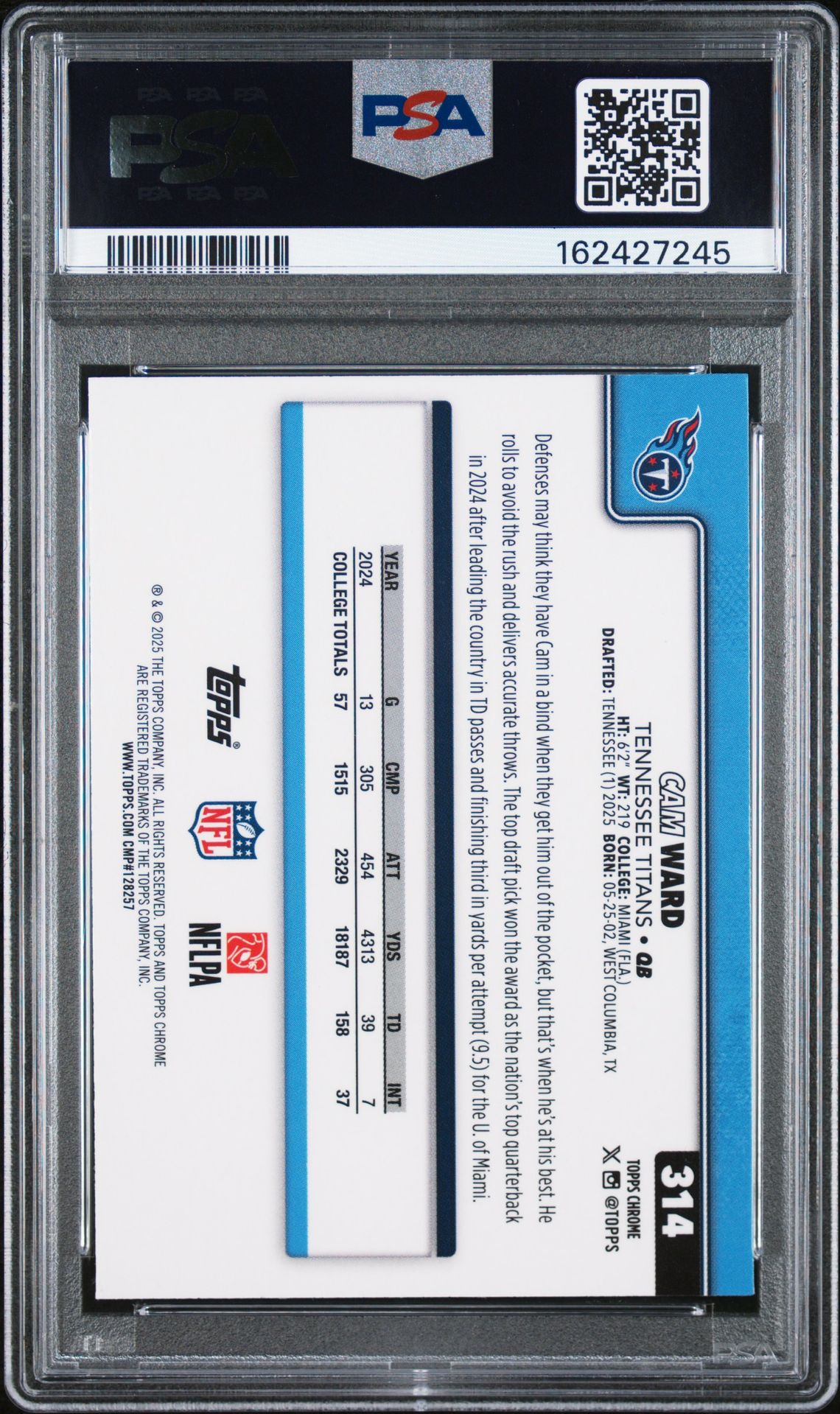 2025 Topps Chrome Cam Ward #314 (Green Wave) Nm-Mt 8 back