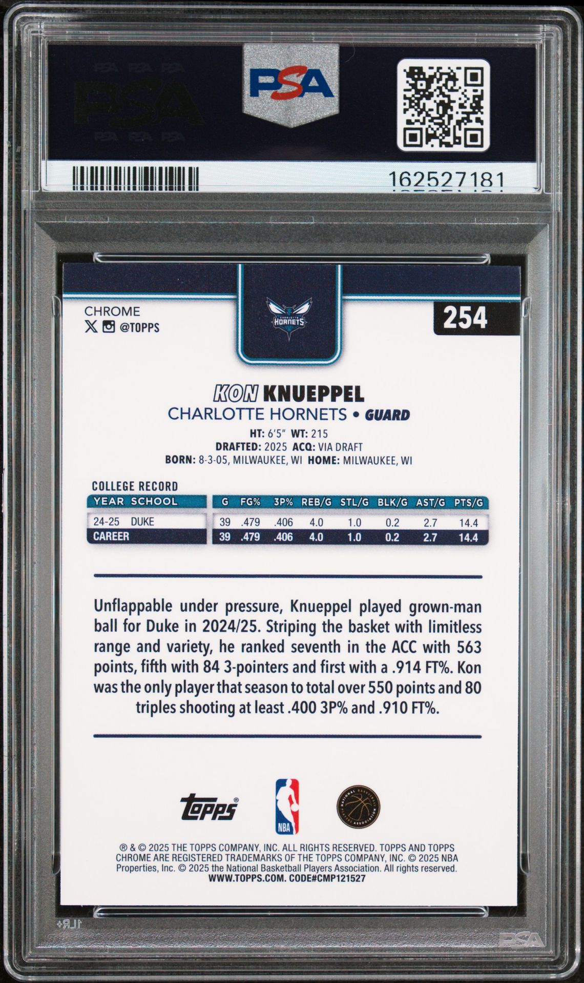 2025 Topps Chrome Kon Knueppel #254 (Red White And Blue Ref) Mint 9 back