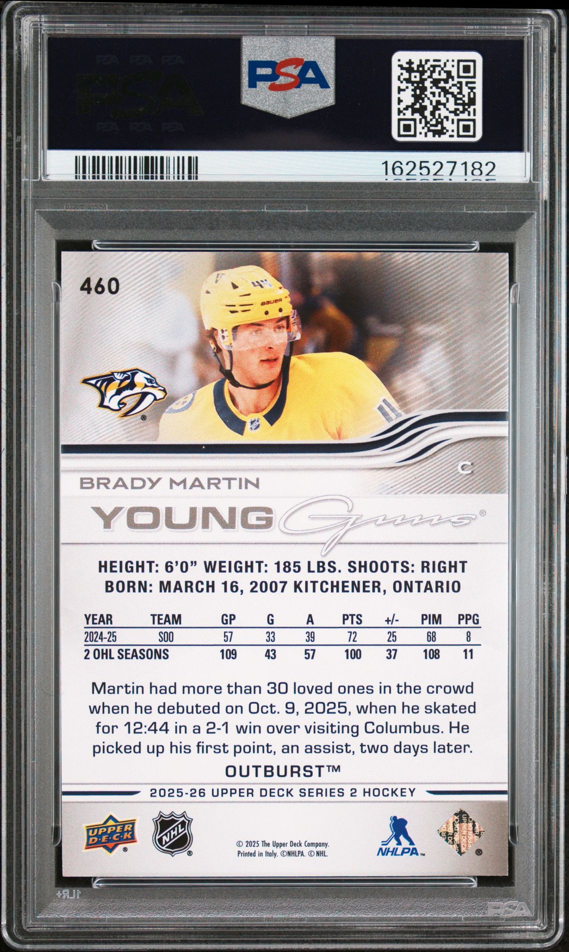 2025 Upper Deck Brady Martin #460 (Outburst) Mint 9 back