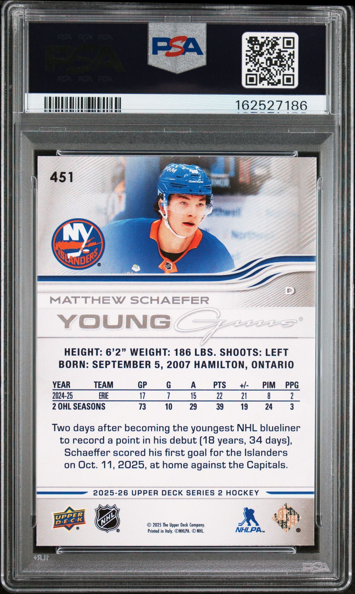2025 Upper Deck Matthew Schaefer #451 Mint 9 back