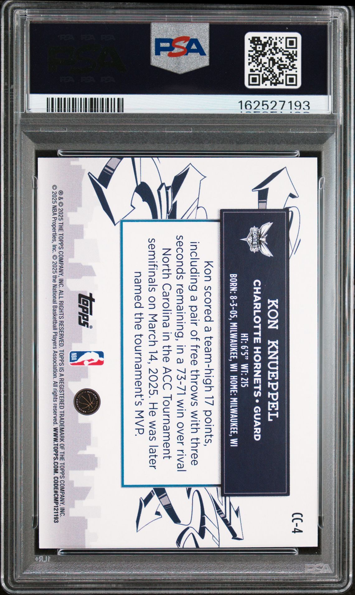 2025 Topps Clutch City Prospects Kon Knueppel #Cc-4 Nm-Mt 8 back