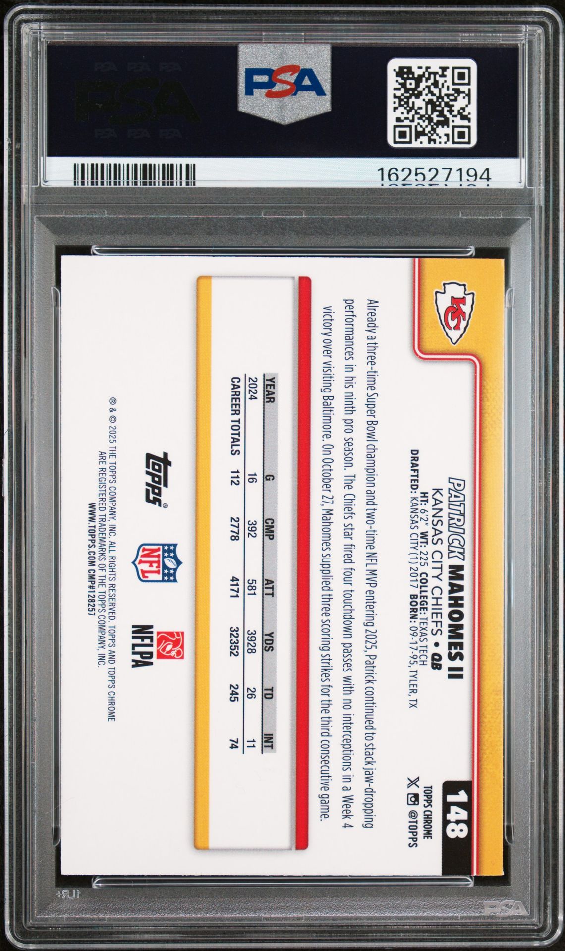 2025 Topps Chrome Patrick Mahomes Ii #148 (Blue Wave) Gem Mt 10 back