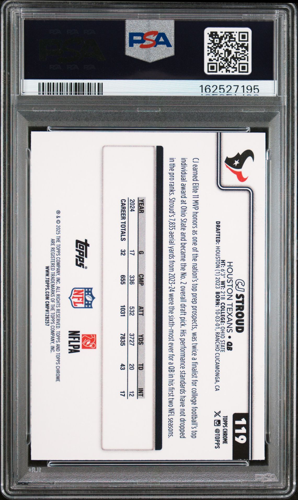2025 Topps Chrome Cj Stroud #119 (Purple Football Leather) Gem Mt 10 back view - PSA certificate #162527195