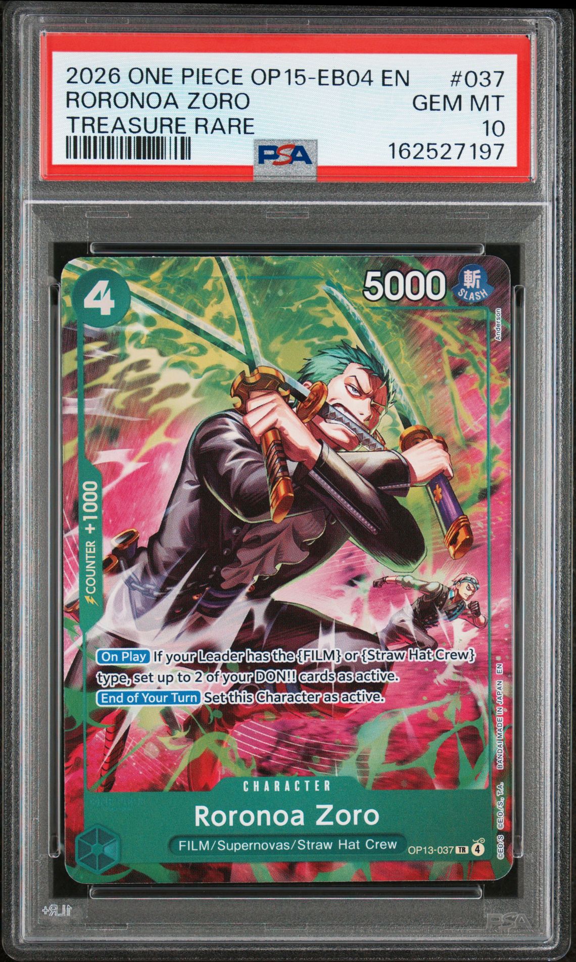 2026 One Piece Op15-Eb04-Adventure On Kami's Island Roronoa Zoro #037 (Treasure Rare) Gem Mt 10 front