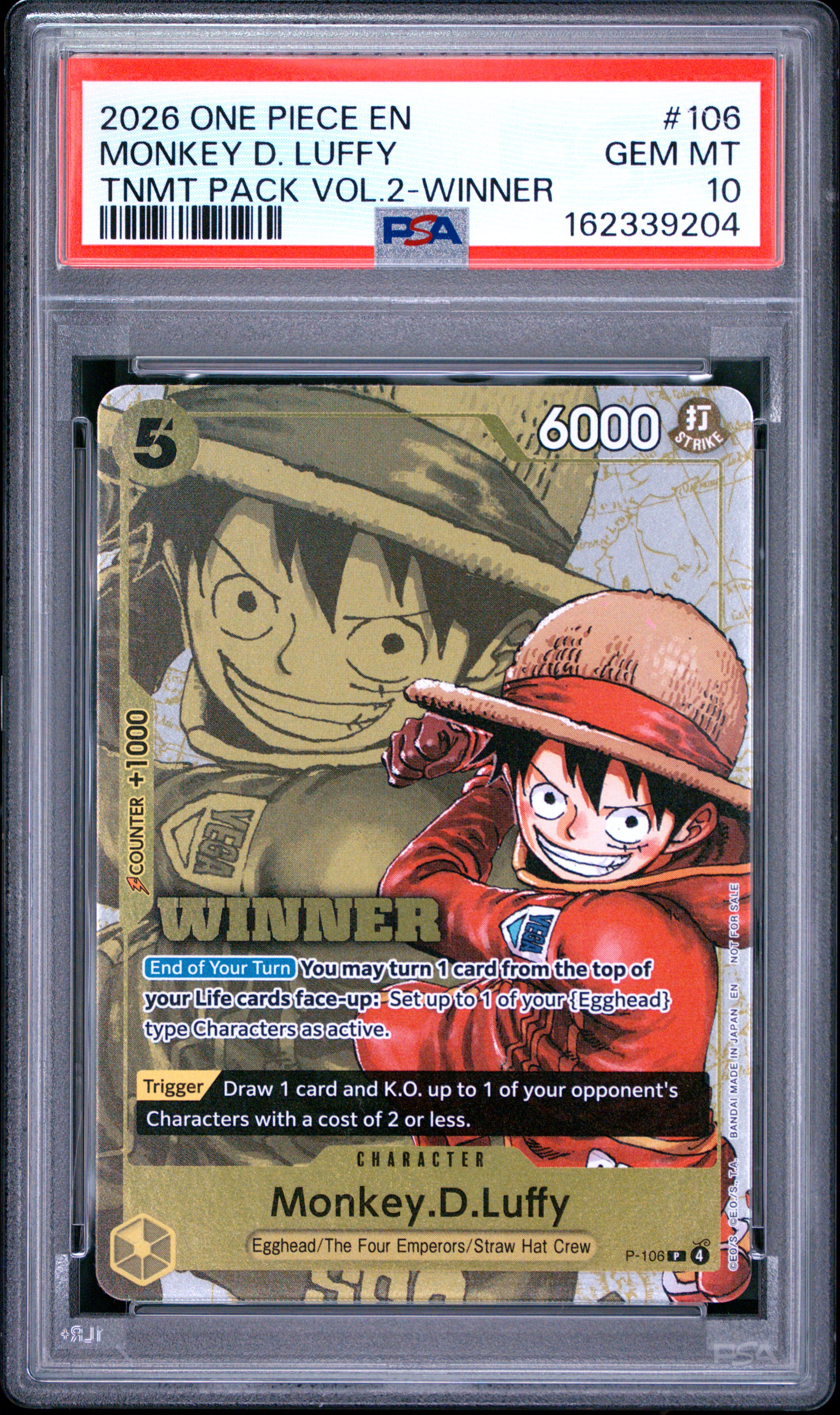 2026 #106 Monkey D. Luffy PSA 10 One Piece Tournament Pack Vol.2