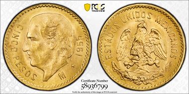 1955-M 5 Peso KM-464 Au MS66