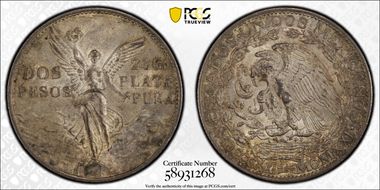 1921-Mo 2 Peso Centennial, 9 Tail F. KM-462  Ag AU58