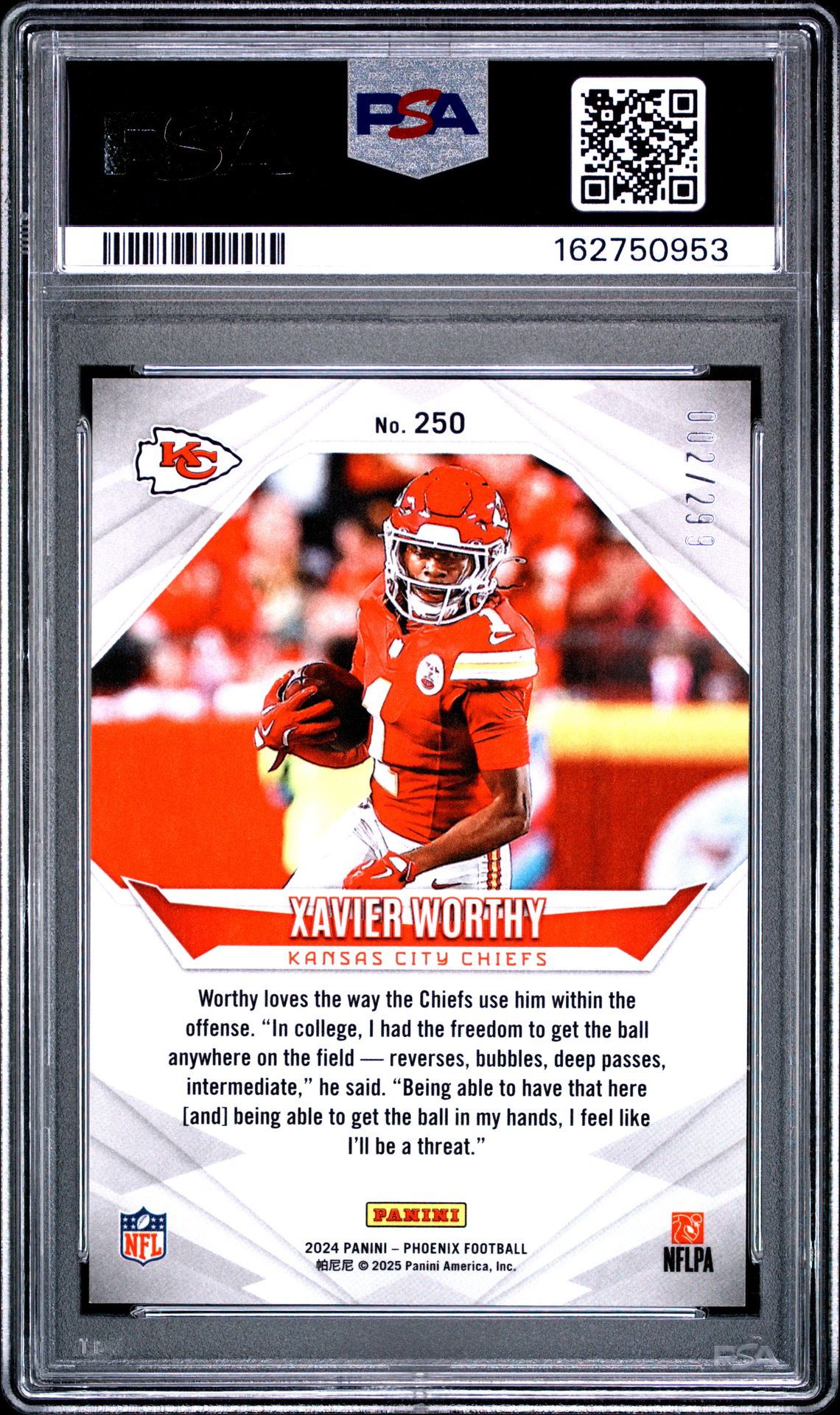 2024 Panini Phoenix Xavier Worthy #250 (Red Fade) Gem Mt 10 back