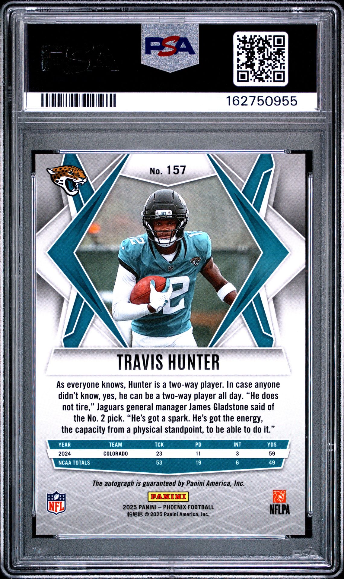 2025 Panini Phoenix Travis Hunter #157 (Autograph-Lazer) Mint 9 back