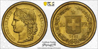 1883 20 Fr KM-31.1  Au MS64