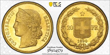 1890 B 20 Fr KM-31.3  Au MS64