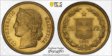 1891 B 20 Fr KM-31.3  Au MS65