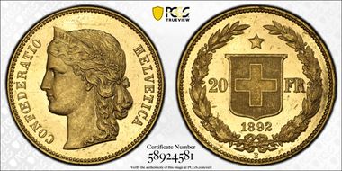 1892 B 20 Fr KM-31.3  Au MS63PL