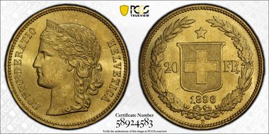 1896 B 20 Fr KM-31.3  Au MS65