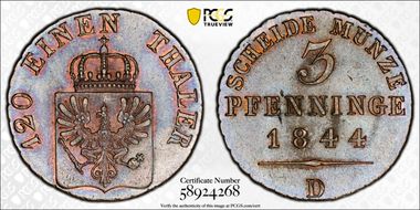 1844-D 3 Pfg MS64BN