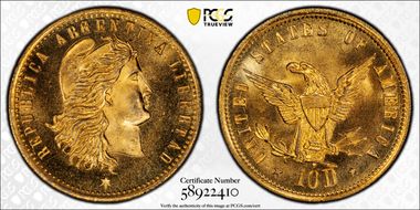 (1890-1900) Tk $10 Gaming Token Gilt-AE MS66