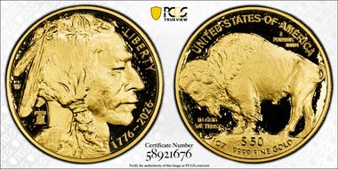 2026-W $50 American Buffalo .9999 Fine Au w/Liberty Bell 250 Privy First Strike PR70DCAM