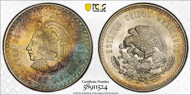 1948-Mo 5 Peso Cuauhtemoc KM-465 Ag MS65