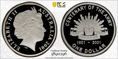 2001 $1 Army Centenary KM-530a Ag PR69DCAM