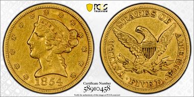 1854 $5 XF40
