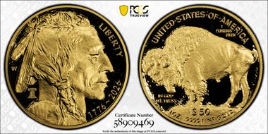 2026-W $50 American Buffalo .9999 Fine Au w/Liberty Bell 250 Privy First Strike PR70DCAM