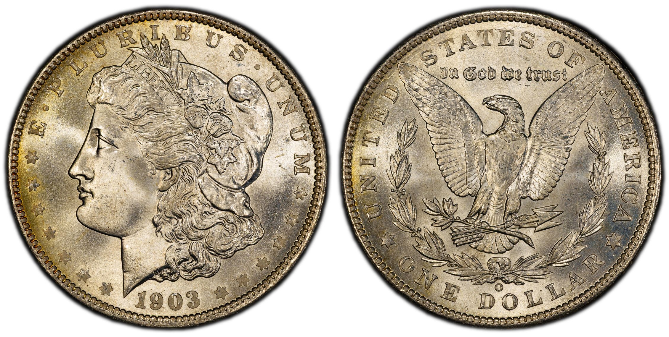1903-O morgan dollar — obverse and reverse, graded MS67+