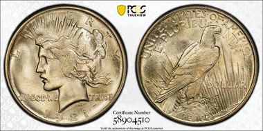 1921 $1 High Relief, Peace MS66