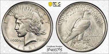 1921 $1 High Relief, Peace MS62