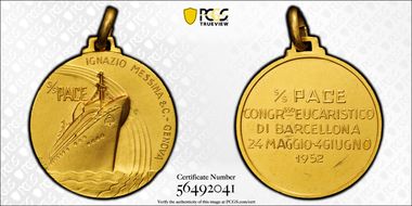 1952 Medal SS Pace - Eucharistic Congress Ignazio Messina & Co. Gilt-Brass MS65