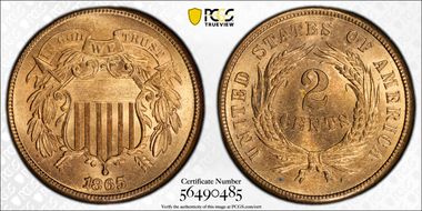 1865 2C Plain 5 MS66RD