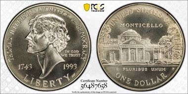1993-P $1 Jefferson MS67